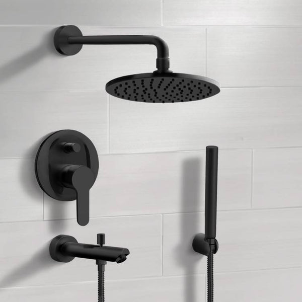 Tyga Matte Black Tub and Shower Faucet With 8" Rain Shower Head and Hand Shower - Stellar Hardware and Bath 
