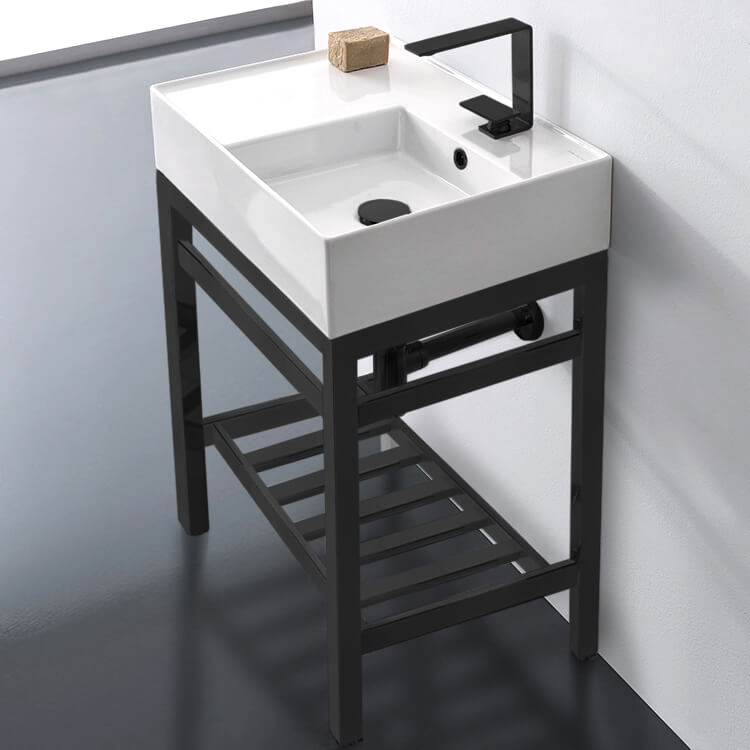 Teorema 2 Modern Ceramic Console Sink With Counter Space and Matte Black Base - Stellar Hardware and Bath 