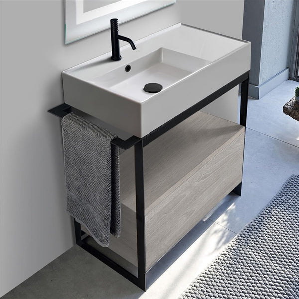 Solid Console Sink Vanity With Ceramic Sink and Grey Oak Drawer - Stellar Hardware and Bath 