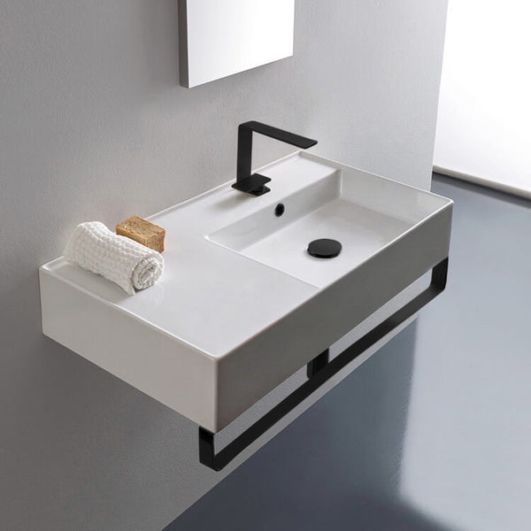 Teorema 2 Rectangular Ceramic Wall Mounted Sink With Matte Black Towel Bar - Stellar Hardware and Bath 