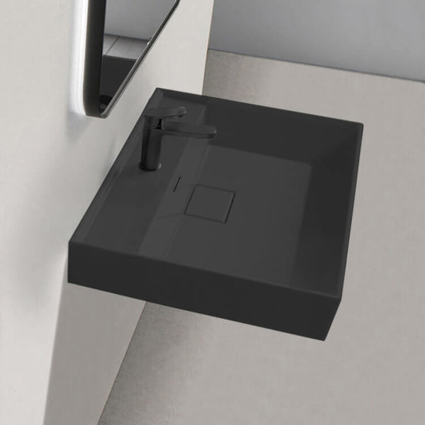 Sharp Square Matte Black Ceramic Wall Mounted or Drop In Sink - Stellar Hardware and Bath 