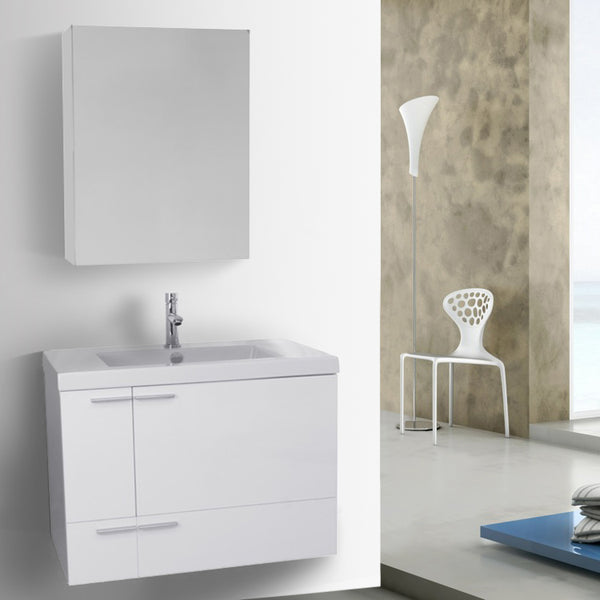 31 Inch Glossy White Bathroom Vanity with Fitted Ceramic Sink, Wall Mounted, Medicine Cabinet Included - Stellar Hardware and Bath 