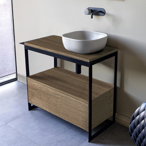 Solid Console Sink Vanity With Ceramic Vessel Sink and Natural Brown Oak Drawer - Stellar Hardware and Bath 