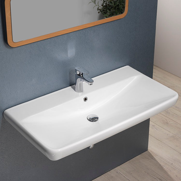 Belo Rectangle White Ceramic Wall Mounted or Drop In Sink - Stellar Hardware and Bath 