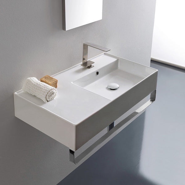 Teorema 2 Rectangular Ceramic Wall Mounted Sink With Counter Space, Includes Towel Bar - Stellar Hardware and Bath 