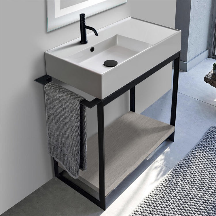 Solid Console Sink Vanity With Ceramic Sink and Grey Oak Shelf - Stellar Hardware and Bath 