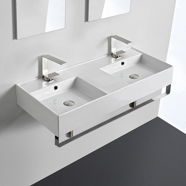 Teorema 2 Double Ceramic Wall Mounted Sink With Polished Chrome Towel Holder - Stellar Hardware and Bath 