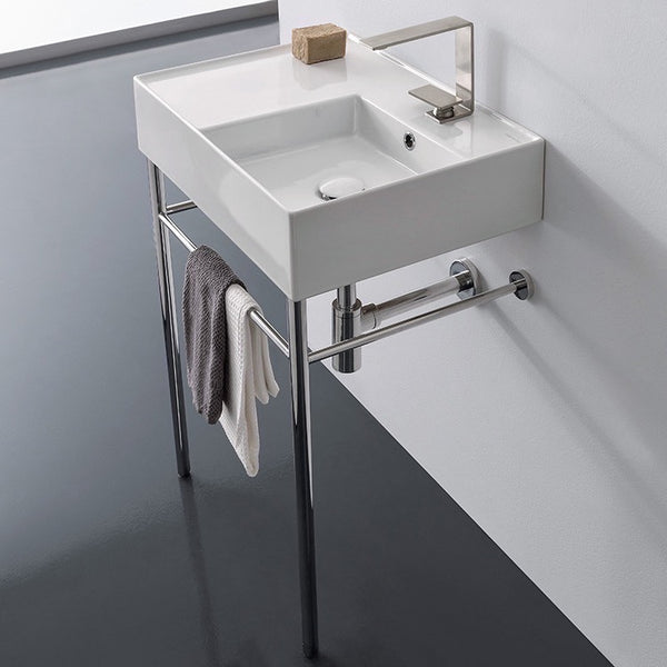 Teorema 2 Rectangular Ceramic Console Sink and Polished Chrome Stand - Stellar Hardware and Bath 