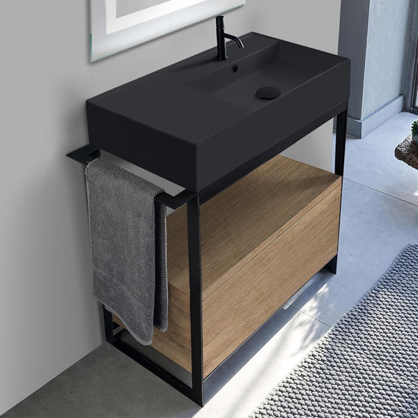 Console Sink Vanity With Matte Black Ceramic Sink and Natural Brown Oak Drawer - Stellar Hardware and Bath 