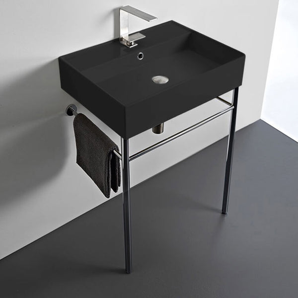 Teorema Matte Black Ceramic Console Sink and Polished Chrome Stand - Stellar Hardware and Bath 