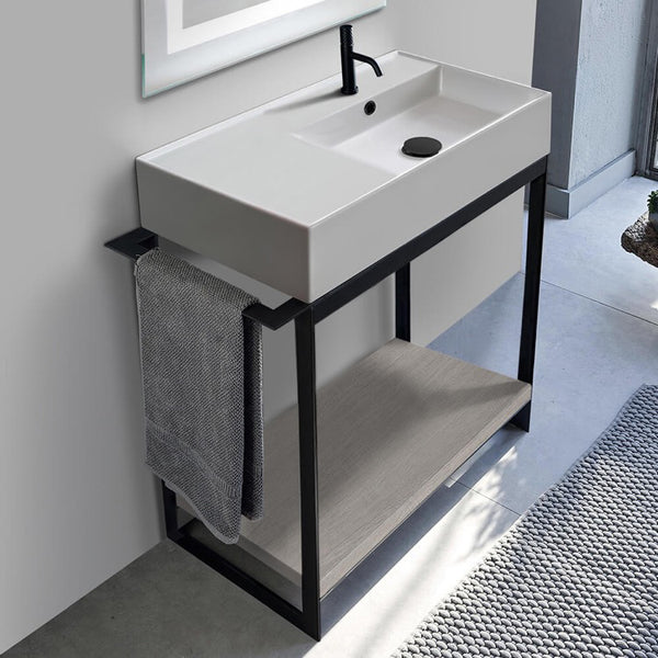 Solid Console Sink Vanity With Ceramic Sink and Grey Oak Shelf - Stellar Hardware and Bath 