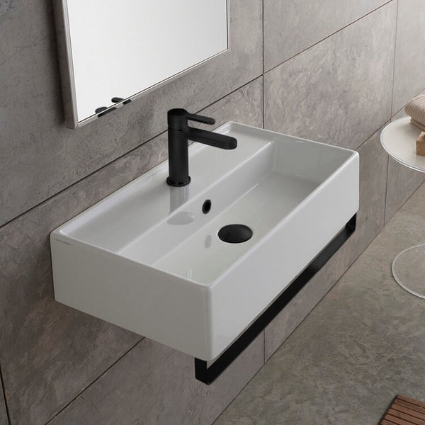 Teorema Rectangular Wall Mounted Ceramic Sink With Matte Black Towel Bar - Stellar Hardware and Bath 