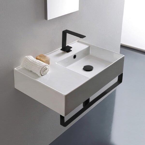 Teorema 2 Rectangular Ceramic Wall Mounted Sink, Matte Black Towel Bar Included - Stellar Hardware and Bath 