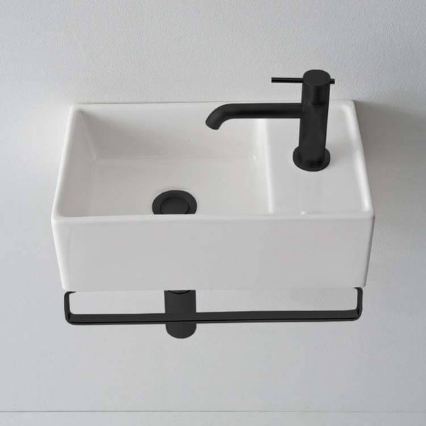 Teorema Small Wall Mounted Ceramic Sink With Matte Black Towel Bar - Stellar Hardware and Bath 
