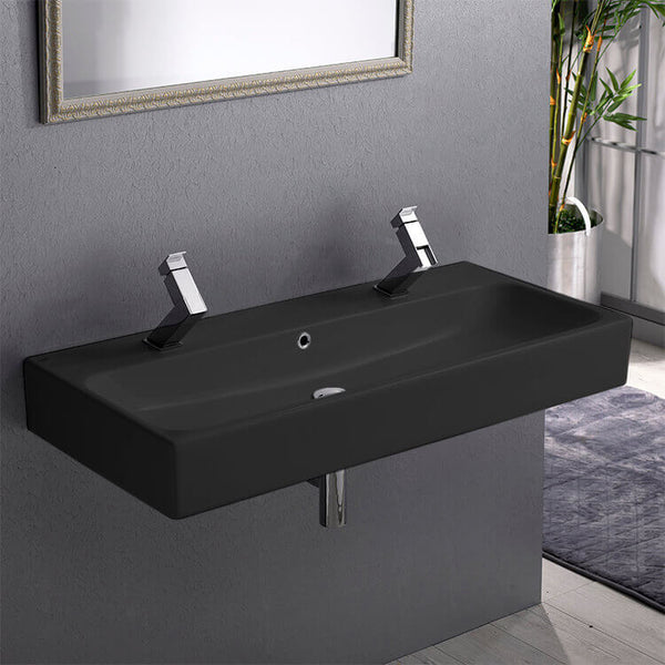 Pinto Trough Matte Black Ceramic Wall Mounted or Vessel Sink - Stellar Hardware and Bath 