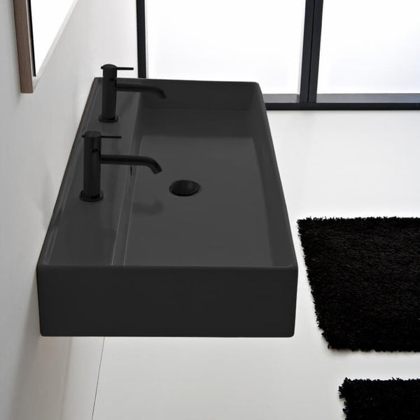 Teorema Matte Black Ceramic Trough Wall Mounted or Vessel Sink - Stellar Hardware and Bath 