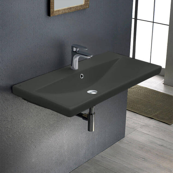 Elite Rectangular Matte Black Ceramic Wall Mounted or Drop In Sink - Stellar Hardware and Bath 