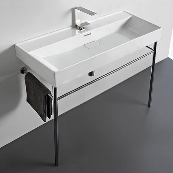 Rectangular White Ceramic Console Sink and Polished Chrome Stand - Stellar Hardware and Bath 