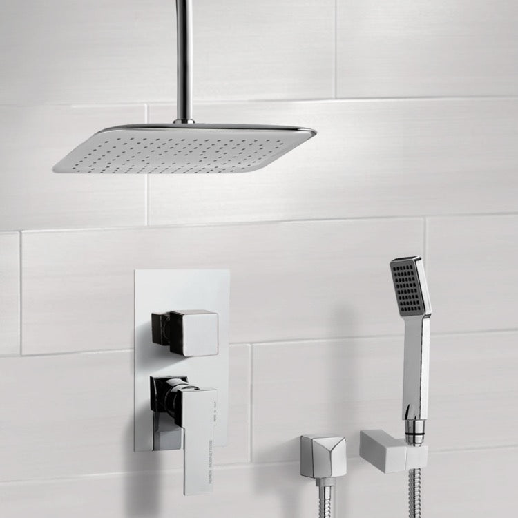 Orsino Chrome Shower System with Ceiling 14" Rain Shower Head and Hand Shower - Stellar Hardware and Bath 