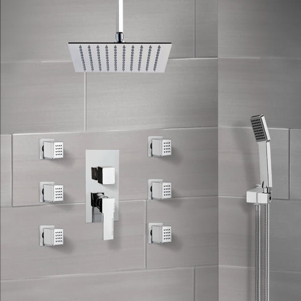 Raniero Chrome Shower System with Ceiling 10" Rain Shower Head, Hand Shower, and Body Sprays - Stellar Hardware and Bath 