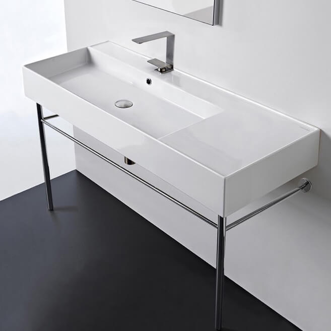 Teorema 2 Rectangular Ceramic Console Sink and Polished Chrome Stand - Stellar Hardware and Bath 