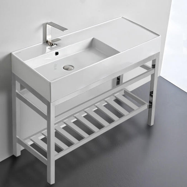 Teorema 2 Modern Ceramic Console Sink With Counter Space and Chrome Base - Stellar Hardware and Bath 