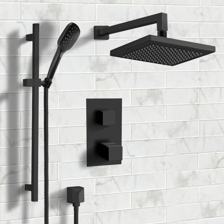 Galiano Matte Black Thermostatic Shower System with 8" Rain Shower Head and Hand Shower - Stellar Hardware and Bath 