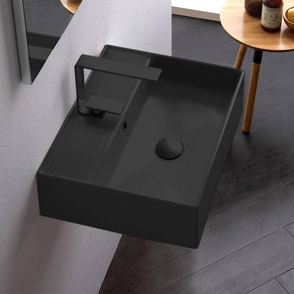 Teorema 2 Rectangular Matte Black Ceramic Wall Mounted or Vessel Sink - Stellar Hardware and Bath 