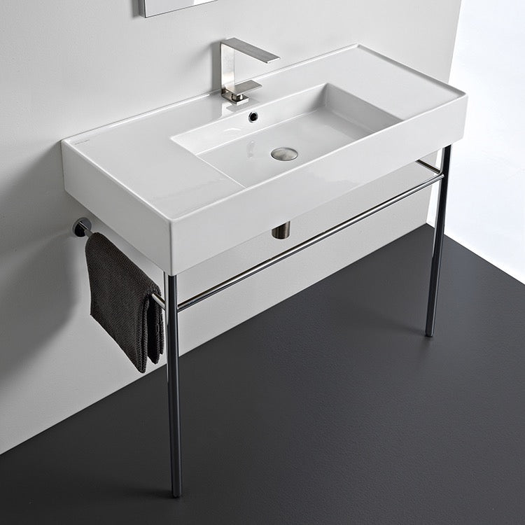 Teorema 2 Rectangular Ceramic Console Sink and Polished Chrome Stand - Stellar Hardware and Bath 