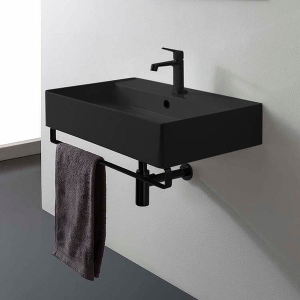 Teorema Matte Black Ceramic Wall Mounted Sink With Matte Black Towel Bar - Stellar Hardware and Bath 