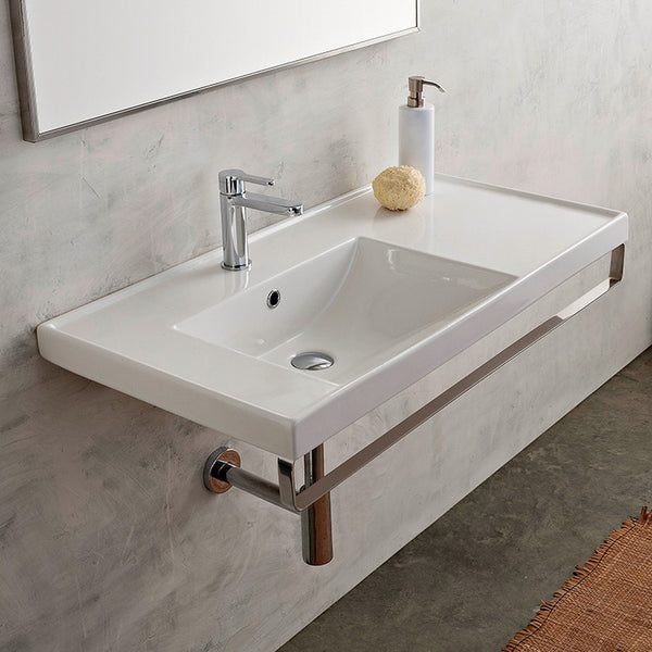 ML Rectangular Wall Mounted Ceramic Sink With Polished Chrome Towel Bar - Stellar Hardware and Bath 