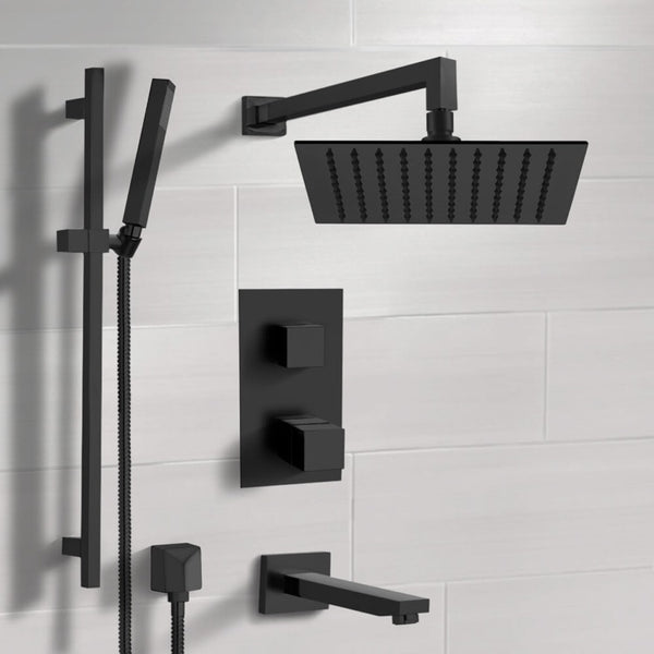 Galiano Matte Black Thermostatic Tub and Shower Faucet Set with Rain Shower Head and Hand Shower - Stellar Hardware and Bath 