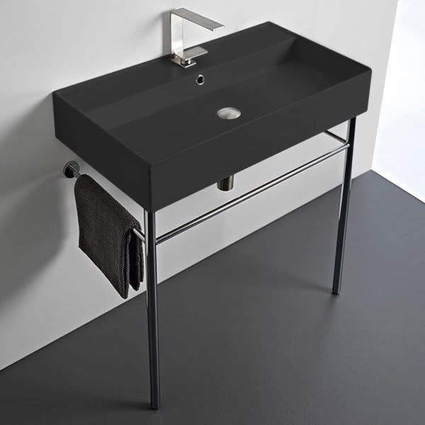 Teorema Matte Black Ceramic Console Sink and Polished Chrome Stand - Stellar Hardware and Bath 