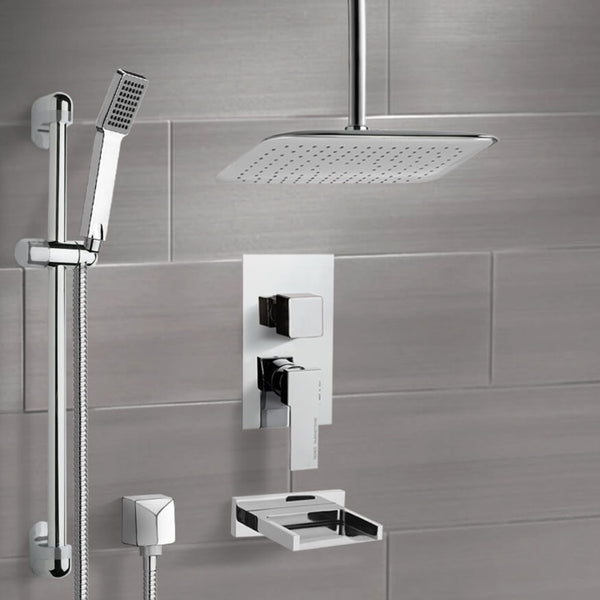 Galiano Chrome Tub and Shower System with Ceiling 14" Rain Shower Head and Hand Shower - Stellar Hardware and Bath 