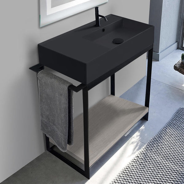Solid Console Sink Vanity With Matte Black Ceramic Sink and Grey Oak Shelf - Stellar Hardware and Bath 