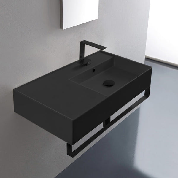 Teorema 2 Matte Black Ceramic Wall Mounted Sink With Matte Black Towel Bar - Stellar Hardware and Bath 