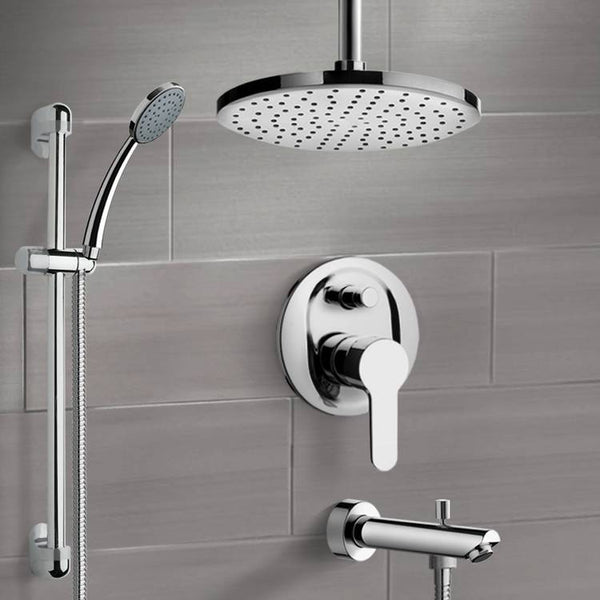 Galiano Chrome Tub and Shower Faucet Set with Rain Ceiling Shower Head and Hand Shower - Stellar Hardware and Bath 