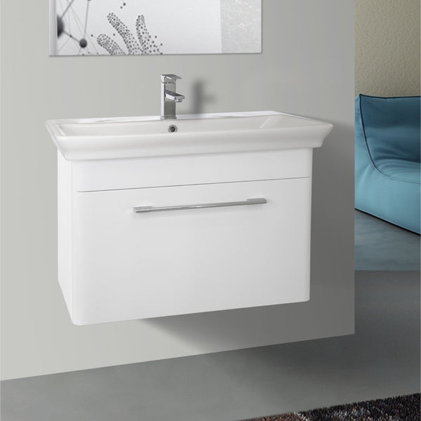 32 Inch Wall Mounted White Vanity Cabinet With Fitted Sink - Stellar Hardware and Bath 