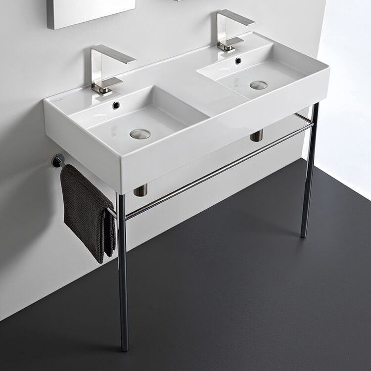 Teorema 2 Double Ceramic Console Sink With Polished Chrome Stand - Stellar Hardware and Bath 