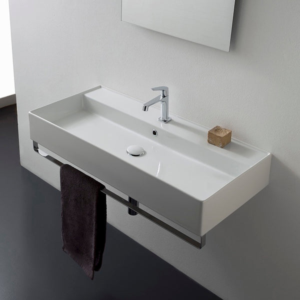 Teorema Rectangular Wall Mounted Ceramic Sink With Polished Chrome Towel Bar - Stellar Hardware and Bath 