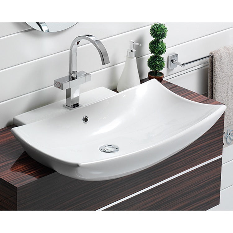 Bella B Curved Rectangular White Ceramic Wall Mounted or Semi-Recessed Sink - Stellar Hardware and Bath 