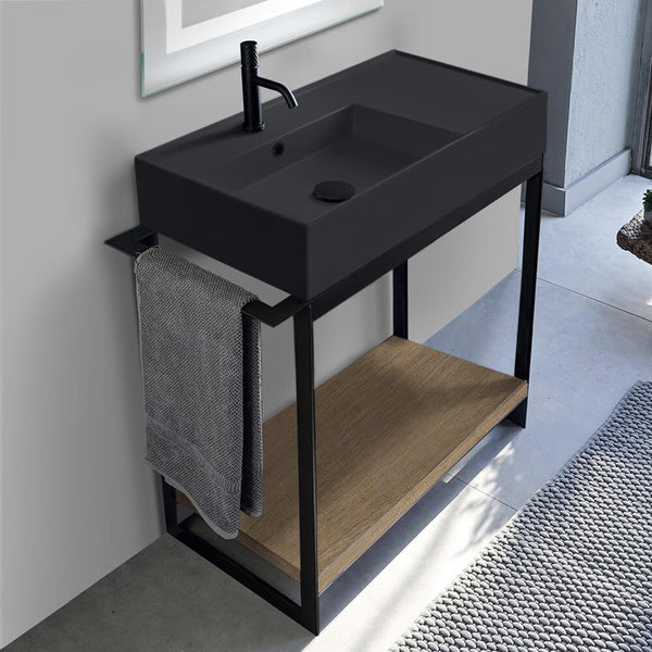Solid Console Sink Vanity With Matte Black Ceramic Sink and Natural Brown Oak Shelf - Stellar Hardware and Bath 