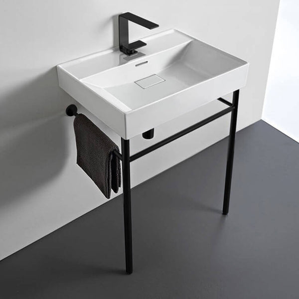 Sharp Rectangular White Ceramic Console Sink and Matte Black Stand - Stellar Hardware and Bath 