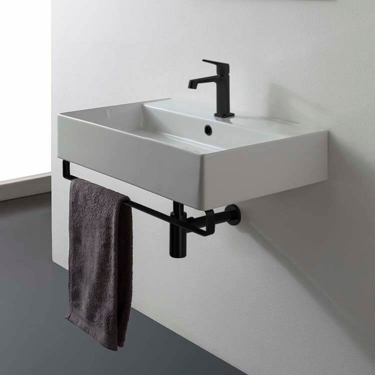 Teorema Rectangular Wall Mounted Ceramic Sink With Matte Black Towel Bar - Stellar Hardware and Bath 