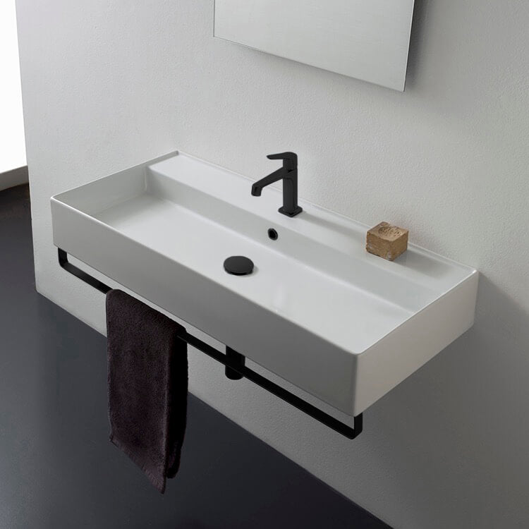 Teorema Rectangular Wall Mounted Ceramic Sink With Matte Black Towel Bar - Stellar Hardware and Bath 