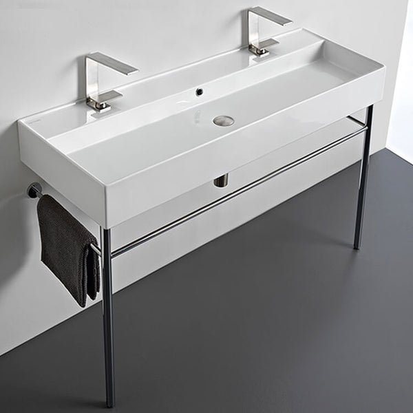 Teorema Large Double Ceramic Console Sink and Polished Chrome Stand - Stellar Hardware and Bath 