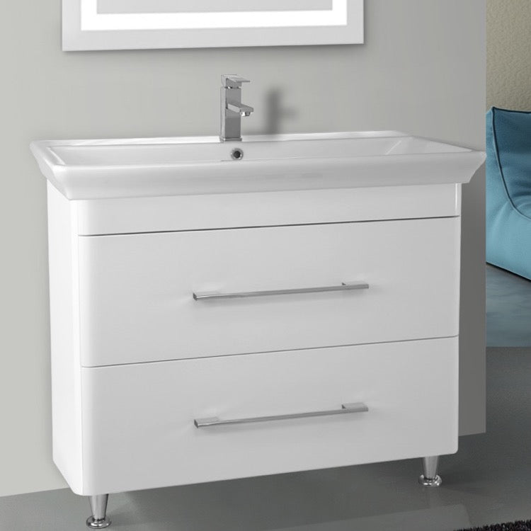 38 Inch Floor Standing White Vanity Cabinet With Fitted Sink - Stellar Hardware and Bath 