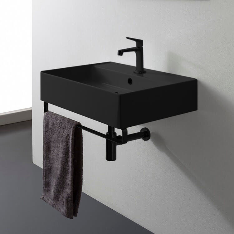 Teorema Matte Black Ceramic Wall Mounted Sink With Matte Black Towel Bar - Stellar Hardware and Bath 