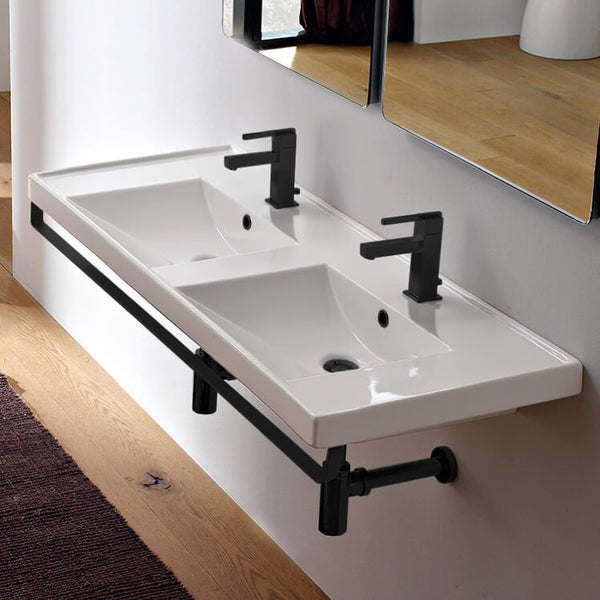 ML Double Basin Wall Mounted Ceramic Sink With Matte Black Towel Bar - Stellar Hardware and Bath 
