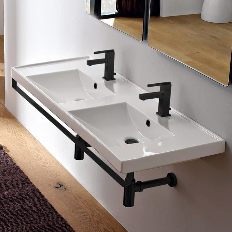 ML Double Basin Wall Mounted Ceramic Sink With Matte Black Towel Bar - Stellar Hardware and Bath 